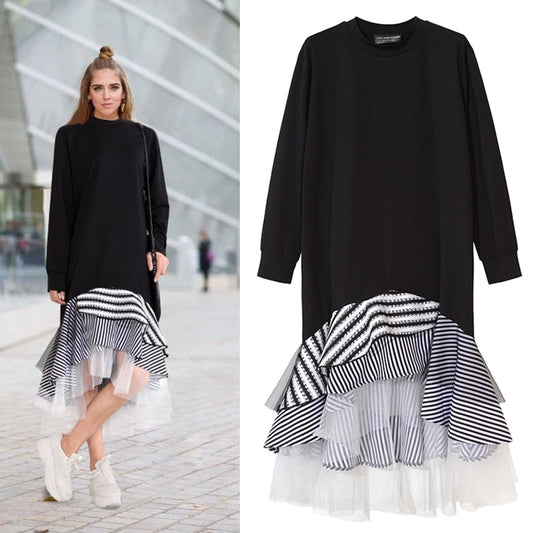 Long Sleeve T Shirt Midi Patchwork Stripe Mesh Ruffle Flare Asymmetrical Hem Dress