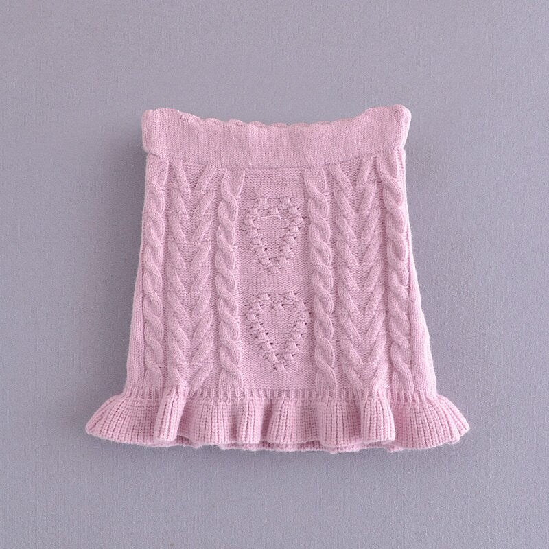 Knitted Twist Puff Ruffle Hem High Waist Mini Skirt Set