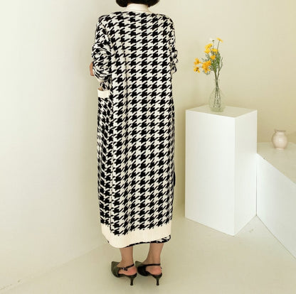 Vintage Style V-Neck Long Knitted Sweater Coat + Houndstooth Vest Dress