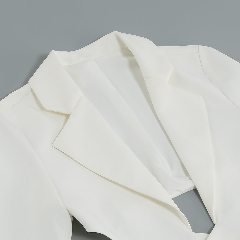 White Long Sleeved V Neck Suit Jacket Short Skirt
