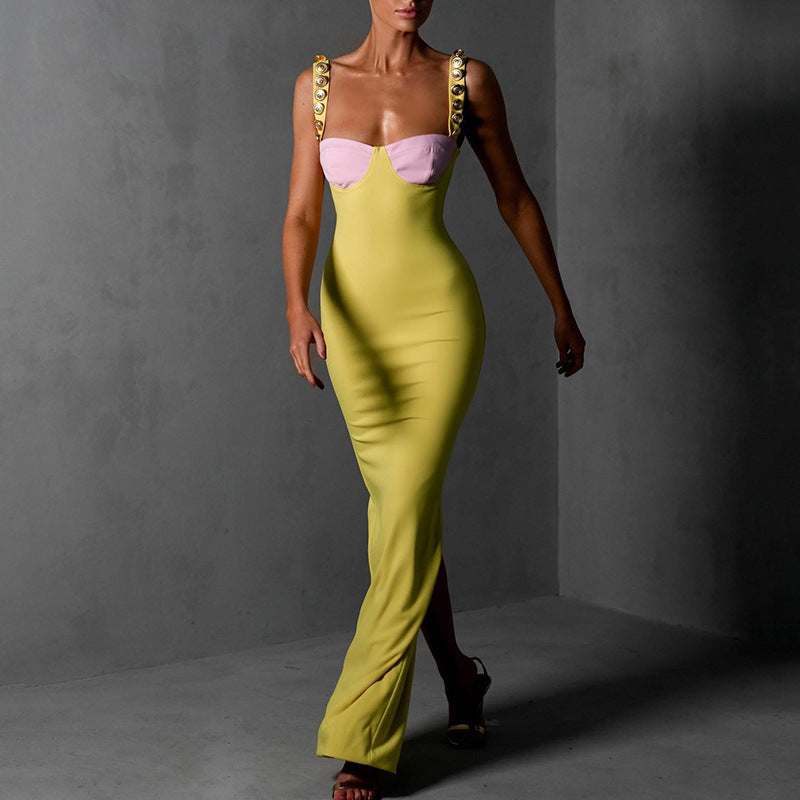 Contrast Color Low-Cut Backless Tight-Fitting Dress