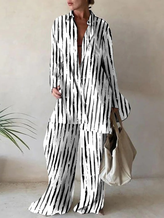 Turn-Down Collar Button Matching Wide Leg Pants Suit