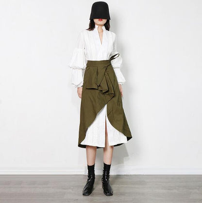 Two-Piece Suit Simple Long Shirt Skirt + Army Green Wrap Skirt
