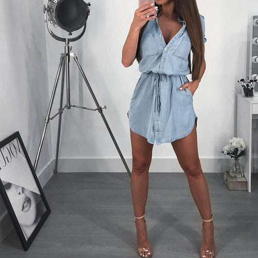 Casual Denim Shirt Dress with Belt