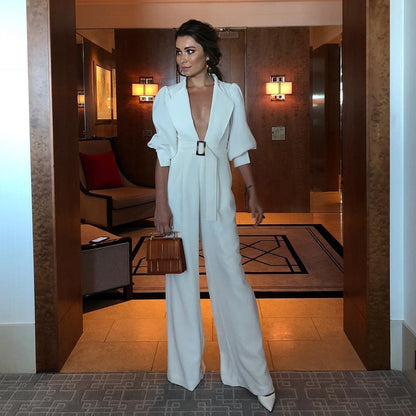 Sexy White Deep V-Neck Long Sleeve Sashes Jumpsuit