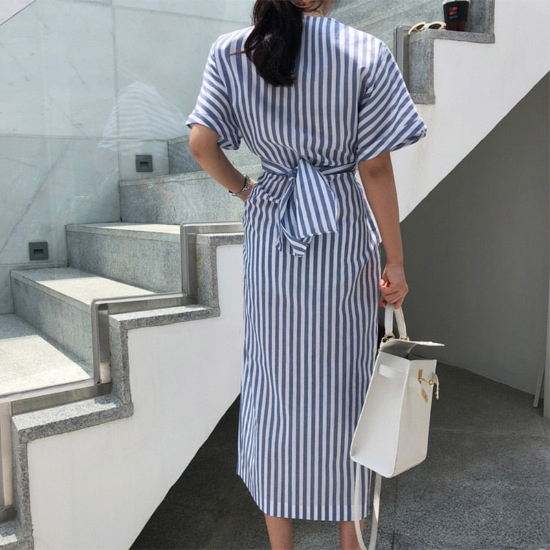 Striped Tie Front Slit Chic Midi Dress