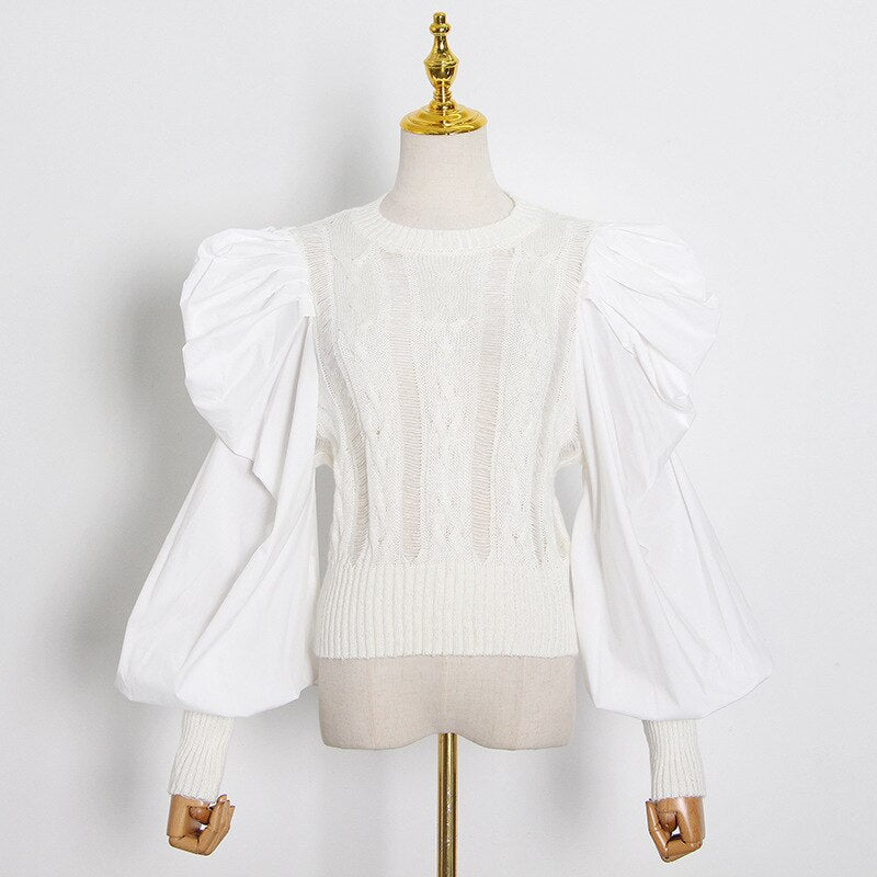 Pleated Puff Sleeves O-Neck Knit Sweater