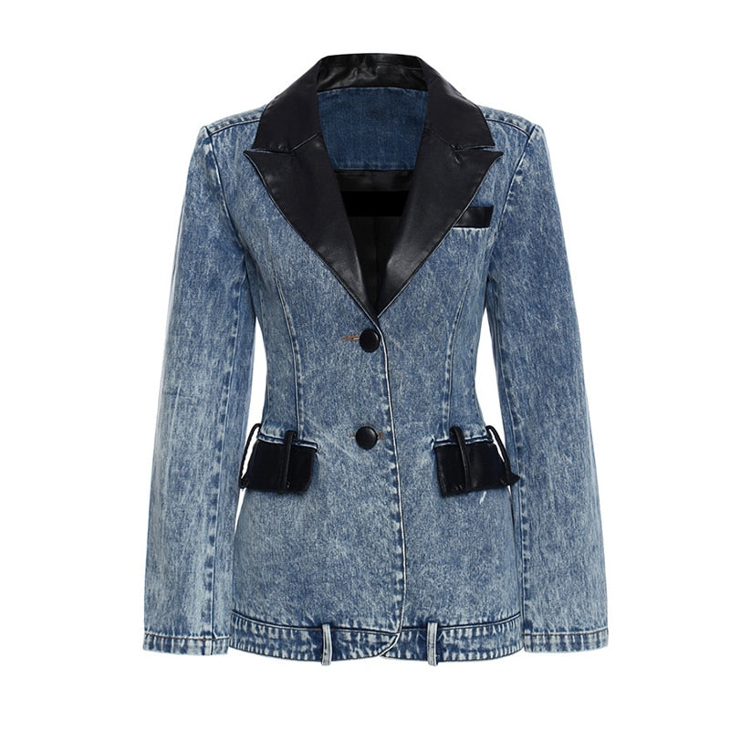 Denim Patchwork PU Blazer