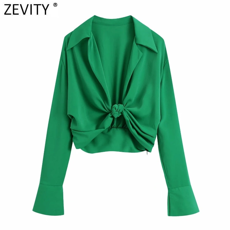 Turn Down Collar Knotted Green Smock Blouse