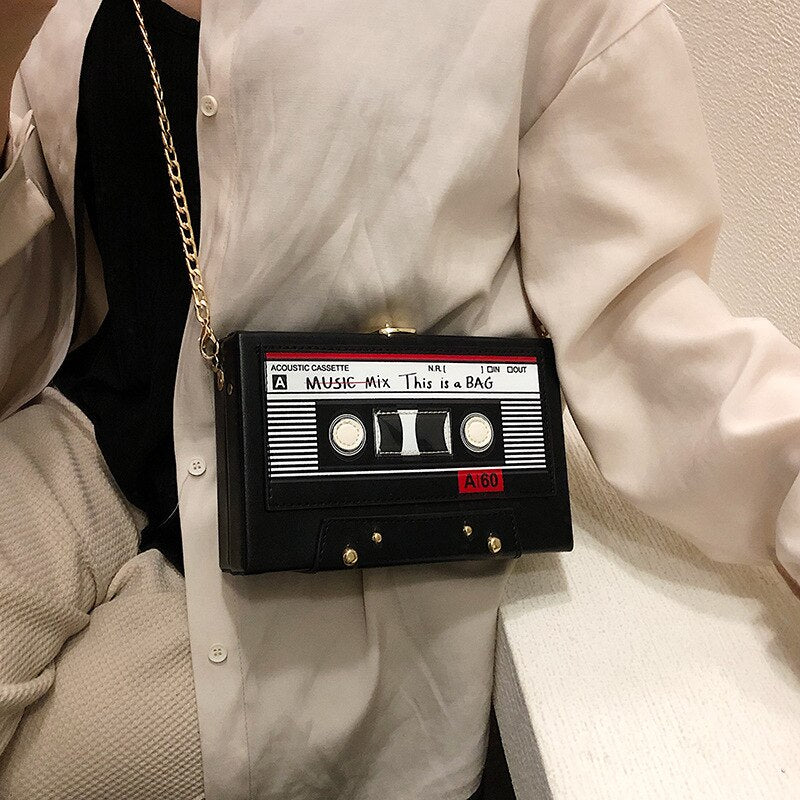 Cassette Tape Leather Chain Crossbody Bag