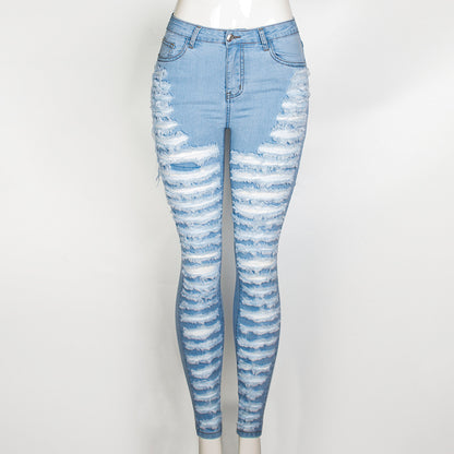 Ripped Hole Washed Stretch Pencil Jeans