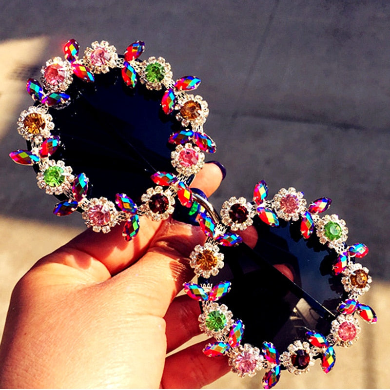 Handmade Vintage Crystal Gems Round Sunglasses
