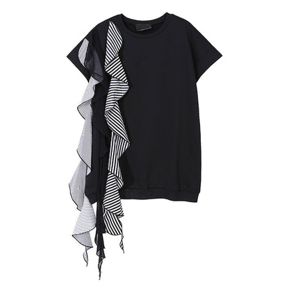 Black Striped Ruffles Long T-shirt