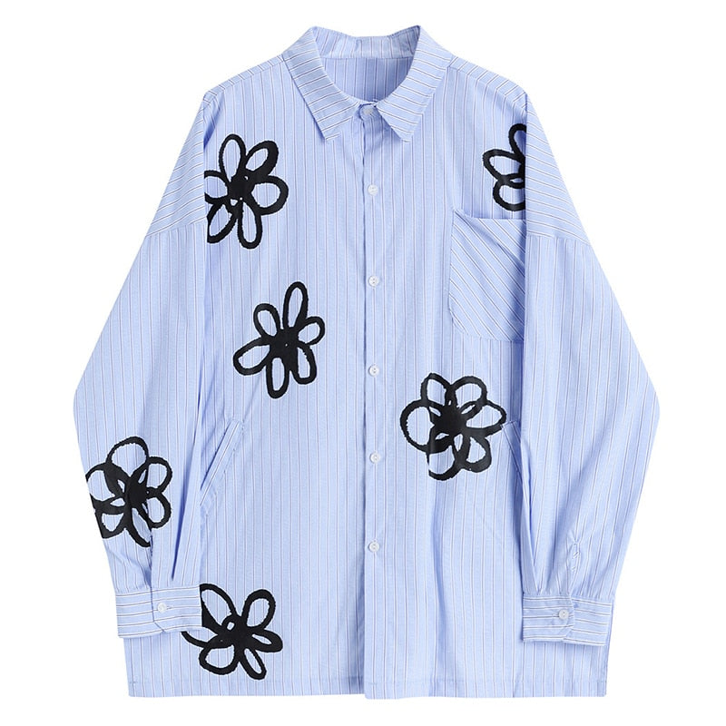 Blue Striped Flower Loose Fit Shirt
