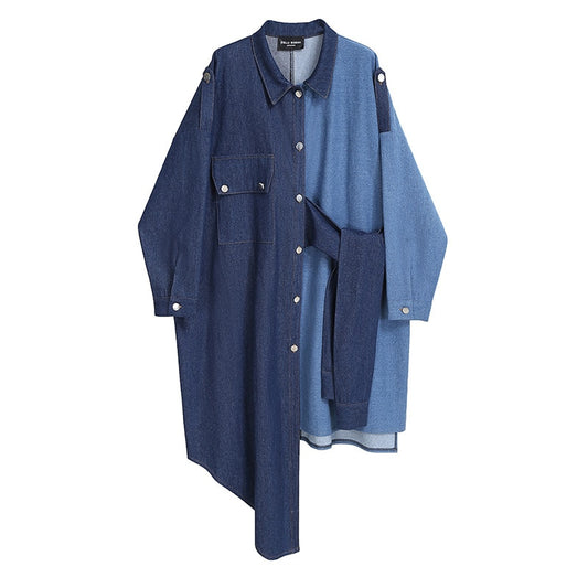 One Size Irregular Contrast Color Blue Denim Dress