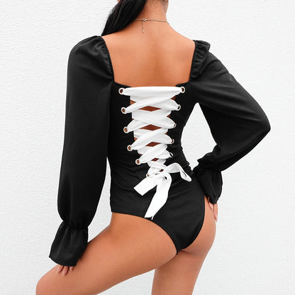 Sexy Backless Paneled Lace Up Square Collar Lolita Style Bodysuit