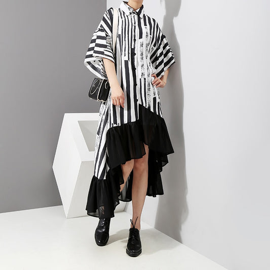 Asymmetrical Black Striped Shirt Dress