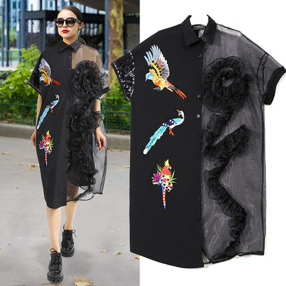 Black Midi Ruffle Bird Embroidery Mesh Shirt Dress