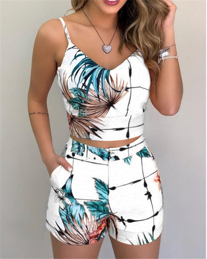 2-piece Outfit Set Sleeveless Print Top and Shorts Set