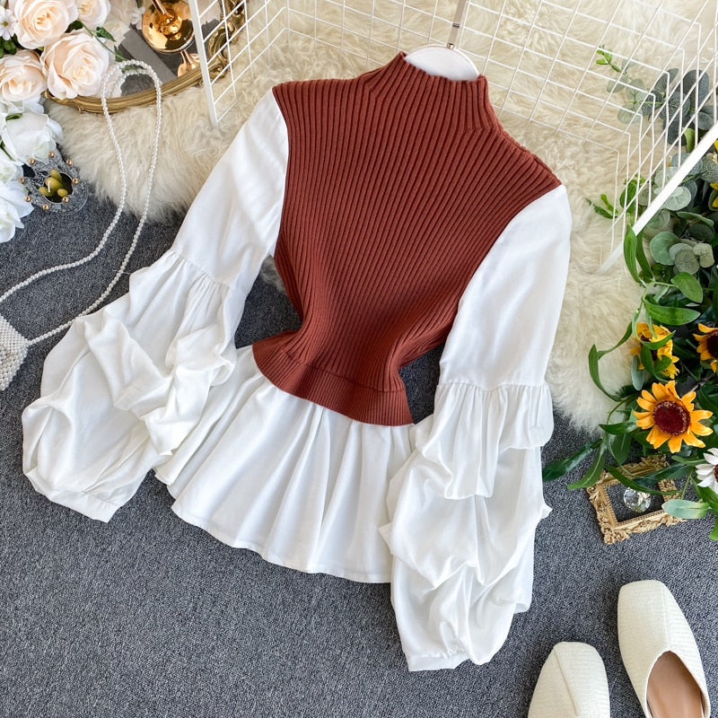 Knit Patchwork Faux Two-Piece Slim Fit Lantern Sleeved Turtleneck Pullover Sweater