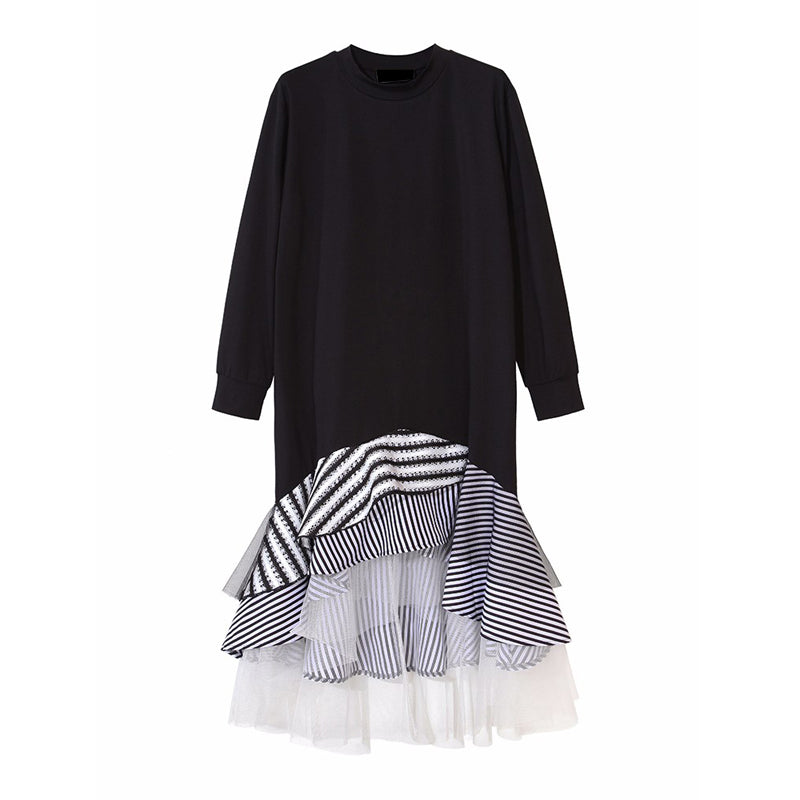 Long Sleeve T Shirt Midi Patchwork Stripe Mesh Ruffle Flare Asymmetrical Hem Dress