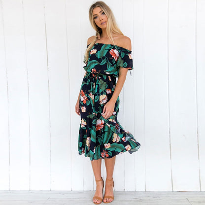 Floral Printed Boho Off Shoulder Short Sleeve Ruffle Party Dress With Belt