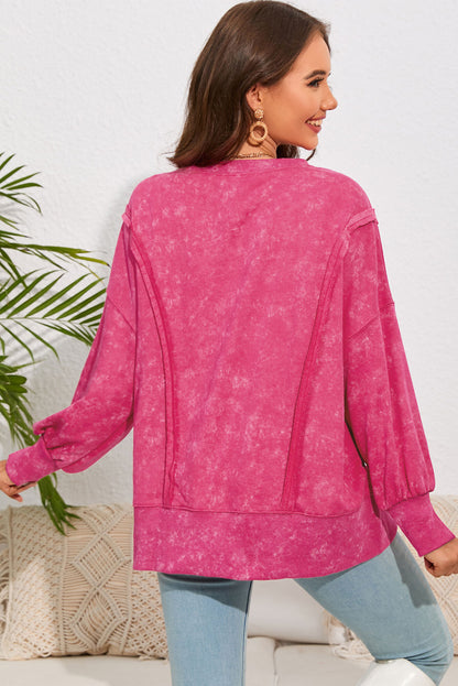 Acid Wash Round Neck Seam Detail Slit Sweatshirt: Casual Comfort with a Stylish Edge