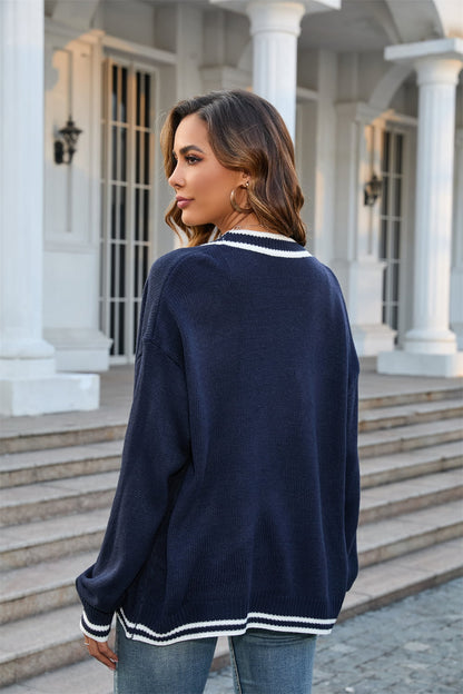 Buttoned V-Neck Long Sleeve Cardigan