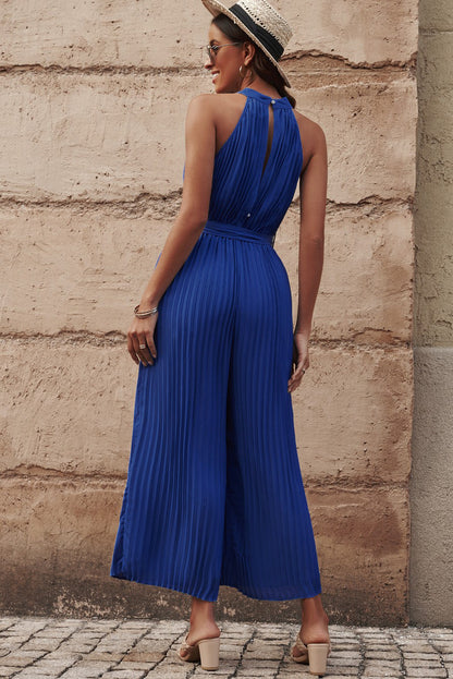 Accordion Pleated Belted Grecian Neck Sleeveless Jumpsuit: Elegance with a Modern Twist