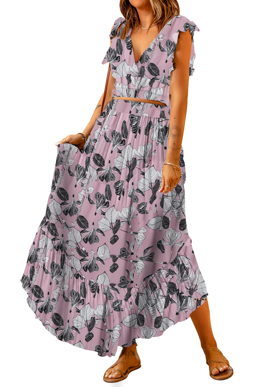 Printed Tie Back Cropped Top and Maxi Skirt Set